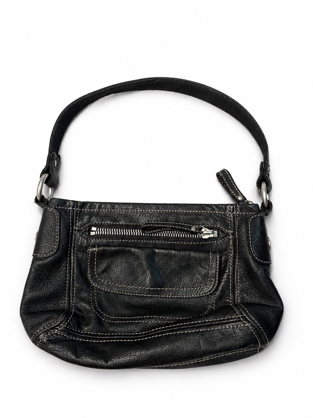 Vintage Fossil Black Leather Shoulder Bag Multi Pocket Y2K Classic